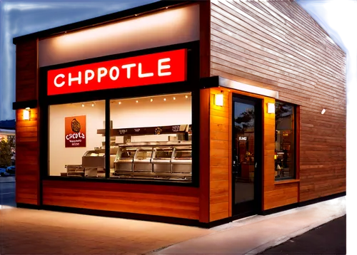 Chipotle Mexican Grill, food store, exterior sign, brown wooden walls, large windows, glass doors, night scene, neon lights, warm lighting, shallow depth of field, 3/4 composition, vibrant colors, rea