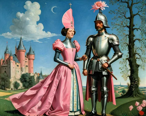 couple of woman in medieval dress with high cap headdress and knight in armor with open visor holding bouquet of flowers standing next to each other, storybook illustration, Terry Oakes, tumblr, forma