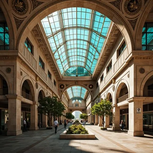 Grandiose transportation hub, Byzantine arches, ornate stone carvings, intricate mosaics, golden domes, vibrant turquoise accents, bustling pedestrian walkways, modern tram stations, sleek glass roofs