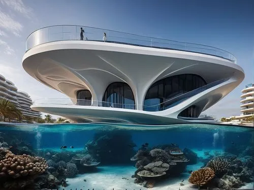 futuristic architecture,seasteading,futuristic art museum,yacht exterior,superyacht,futuristic landscape,Photography,General,Natural