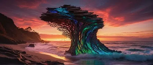 colorful tree of life,sea stack,dragonstone,magic tree,rainbow waves,burning tree trunk,fairy chimney,art forms in nature,cascadian,fractals art,erosion,colorful spiral,danxia,tangaroa,3d fantasy,stra