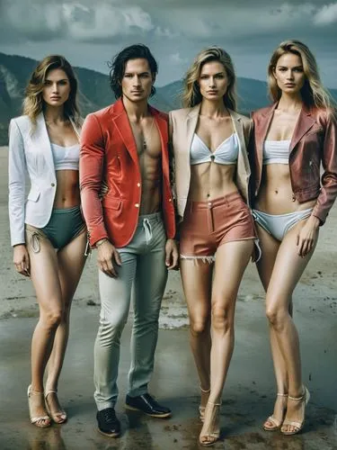 Mr. James (masculine, dark blond with red jacket, slightly shifted to the right) and his three pretty girlfriends, one of them dressed only in a bikini.,two girls and one man are wearing swimsuits,bay