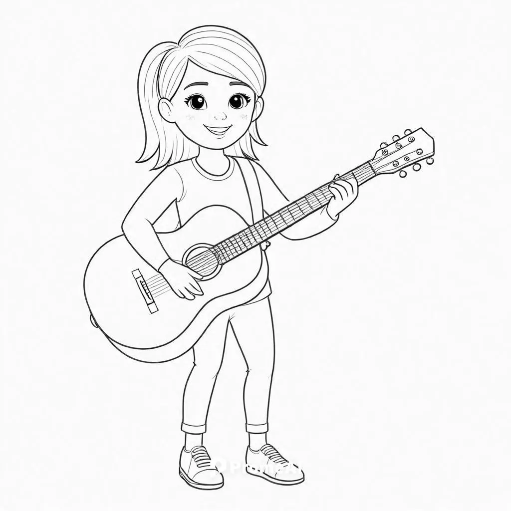 an outlined child playing the guitar, coloring,coloring pages kids,guitar,uncolored,coloring page,playing the guitar,strumming,Design Sketch,Design Sketch,Detailed Outline