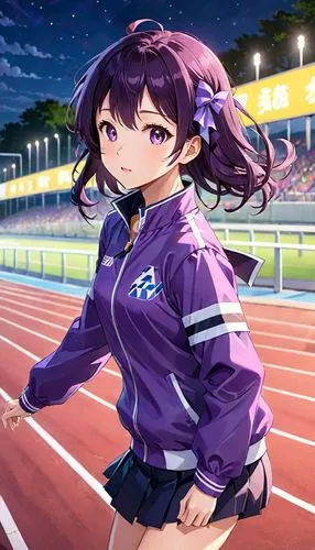 track and field,track,sports girl,cheering,sports uniform,female runner,tartan track,kayano,keirin,ako,nico,purple wallpaper,tracksuit,stadium falcon,sports game,athletics,determination,cheerleader,yuri,dusk background,Anime,Anime,Realistic