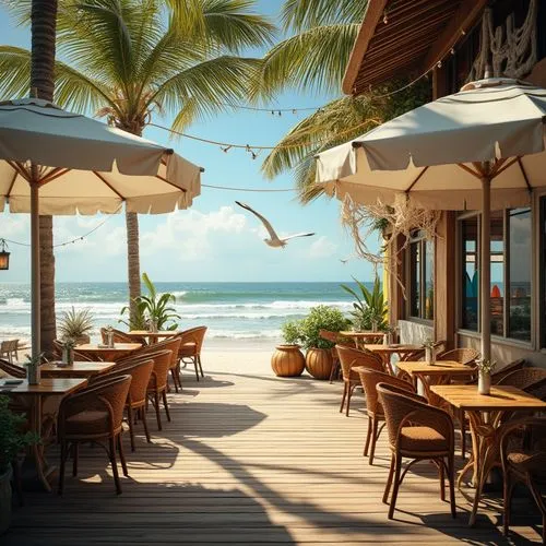 Seaside coffee shop, warm sunny day, wooden deck, white umbrella tables, rattan chairs, nautical themed decorations, fishing nets hanging from ceiling, rustic wooden walls, large glass windows overloo