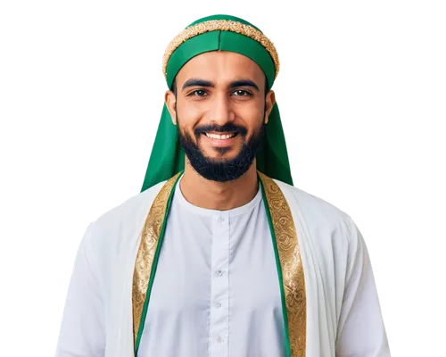 Prophet Muhammad, Eid Milad-un-Nabi celebration, Middle Eastern clothing, white thawb, golden embroidered cloak, green turban, beard, gentle smile, soft glowing light, warm color tone, shallow depth o