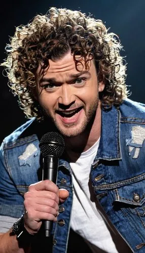 Justin Timberlake, 90s inspired curly wig, stylishly messy hair, brown eyes, strong facial features, slight stubble, casual wear, denim jacket, white graphic t-shirt, ripped blue jeans, black sneakers