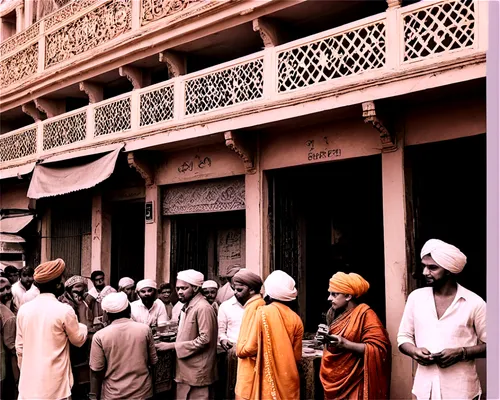 Vintage Bombay street scene, old camera, sepia tone, Indian architecture, intricate carvings, ornate balconies, crowded market, people in traditional clothing, turbans, saris, bright colors, natural l