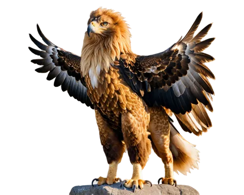 Majestic Griffin, mythical creature, lion-like body, eagle-like head, sharp beak, piercing eyes, fluffy mane, powerful claws, regal posture, standing proudly, solo, morning sunlight, warm golden light