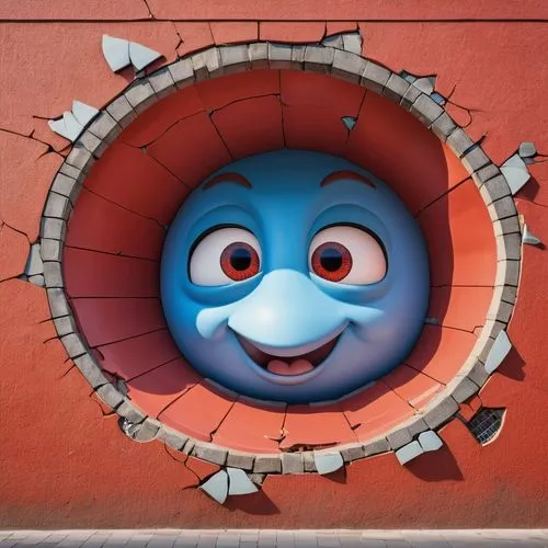 3d  airplane cartoon character popping out of round cracked wall, red ceramics wall, bright blue eyes photography, mural in the top of the building,trapdoor,gumball,portholes,wheatley,streetart,roller