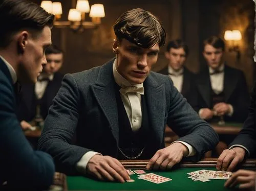 Cillian Murphy portrayed as Tommy Shelby playing cards with other boys and a woman who watches them. The karst table is covered in money and chips. the scene is inspired by the TV series Peaky Blinder