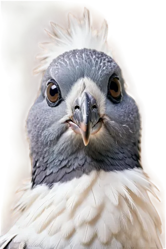 Pigeon face, white feathers, grey patches around eyes, small beak, gentle expression, soft focus, close-up shot, shallow depth of field, warm lighting, 3/4 composition, subtle texture, detailed plumag