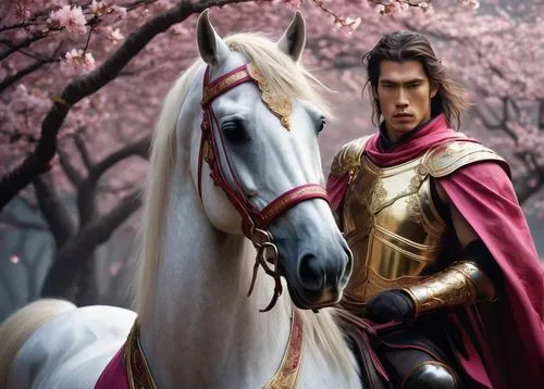 Fantasy Hun warrior, strong muscular body, intricate armor with golden accents, crimson cape flowing behind, majestic horse in the background, blooming cherry blossoms surrounding, vibrant pink petals