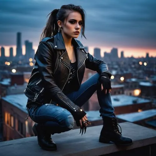 on the roof,leather jacket,petrova,rooftops,rooftop,city ​​portrait,roof top,black leather,femme fatale,pleather,tris,above the city,dusk background,catwoman,photo session at night,leather,jahan,smirnova,juliette,grimes,Art,Artistic Painting,Artistic Painting 39