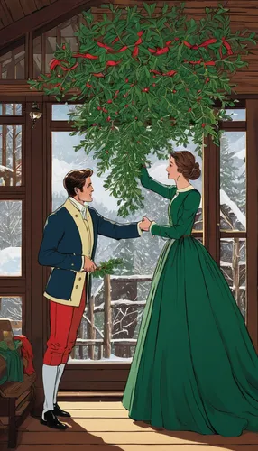 In a secluded cabin, a couple discovers a magical mistletoe. What enchantment does it bring?,mistletoe,mistletoe berries,fir tree decorations,american holly,evergreen trees,courtship,flower of christm