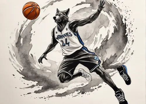 Create a vibrant and energetic logo for the Timberwolves, showcasing a basketball player soaring over a timberwolf.,michael jordan,basketball player,nba,air jordan,zion,grizzlies,basketball,domestic g