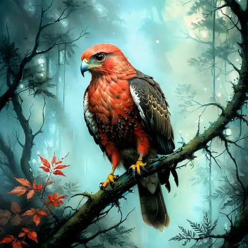 bird painting,red bird,nature bird,crimson finch,nature background,hawk animal,Illustration,Realistic Fantasy,Realistic Fantasy 16