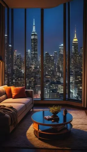 Modern interior design, luxurious living room, comfortable couch, wooden coffee table, floor lamp, large window, cityscape view, skyscraper, night scene, bright street lights, warm and cozy atmosphere