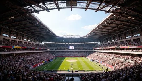 Geometric constructivist stadium, angular steel beams, cantilevered seating tiers, vibrant primary color accents, dynamic crowd atmosphere, dramatic overhead lighting, high-contrast shading, futuristi