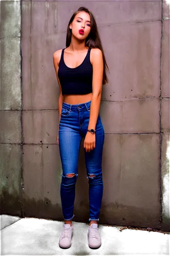 Cool, trendy girl, solo, (18yo), stylish hair, bold eyeliner, glossy lips, black tank top, ripped high-waisted jeans, sneakers, silver necklace, hands in pockets, leaning against wall, urban backgroun