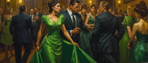 ballroom dance,latin dance,ballroom,roaring twenties couple,dancesport,salsa dance,dancing couple,the ball,masquerade,evening dress,kristbaum ball,oil painting on canvas,courtship,waltz,argentinian tango,golden weddings,pageant,dancers,green dress,cotillion,Illustration,Realistic Fantasy,Realistic Fantasy 03