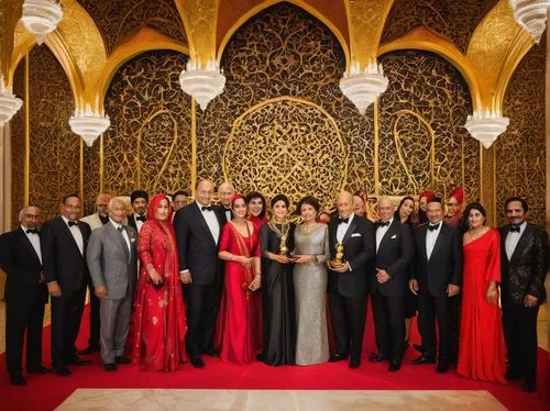 Aga Khan Award for Architecture, luxurious ceremony, prestigious event, ornate stage, golden trophy, elegant backdrop, red carpet, VIP guests, dignitaries, architects, designers, beautiful evening gow