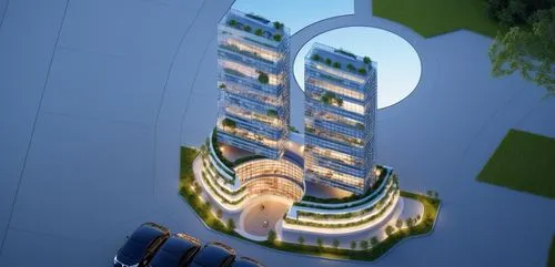 Services apartment with sustainable architecture concept with luxury ambient with peoples to make it lively, make the facade look all slick glass with a few cars to make it lively,residential tower,la