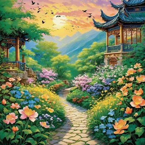 landscape background,splendor of flowers,japanese floral background,flower painting,oriental painting,nature background,japan garden,home landscape,fantasy landscape,chuseok,springtime background,flower background,nature landscape,flower garden,butterfly background,fantasy picture,spring background,watercolor background,japan landscape,fairy village,Illustration,Retro,Retro 13