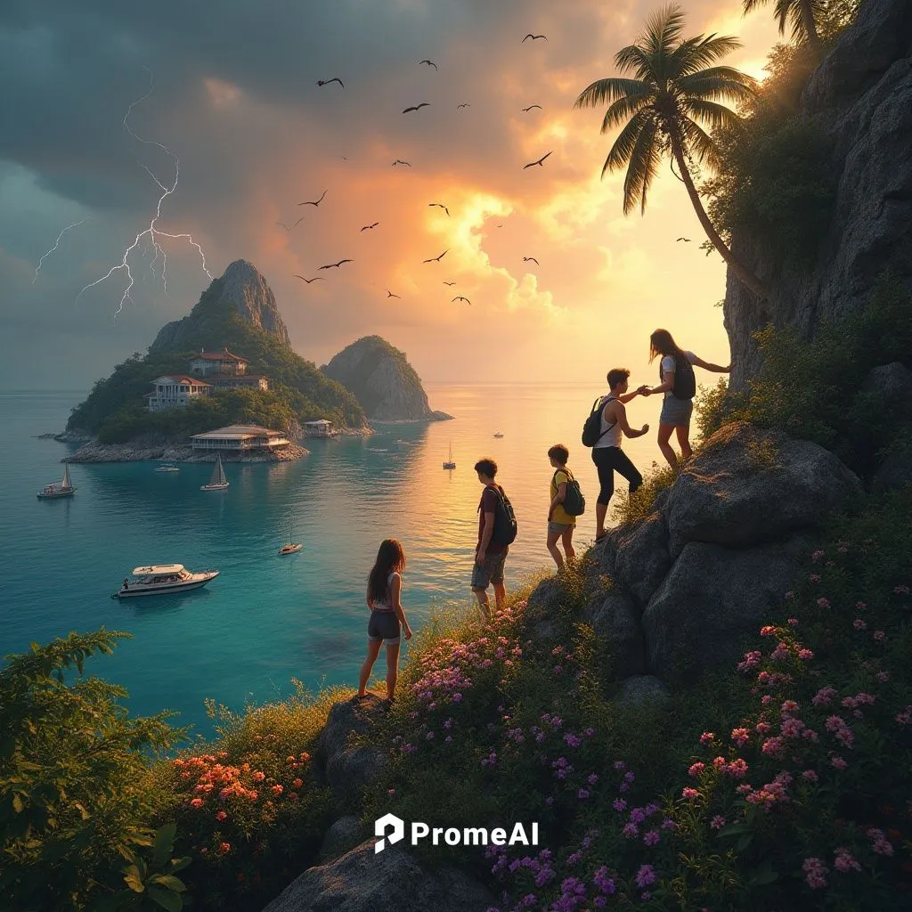 Five teenagers exploring the side of a mountain full of different colored flowers on a tropical island, with birds flying above, with boats in the cove, a few mansions scattered around the island, and