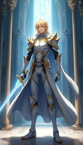 Full-body character design of a handsome man with Nordic features, radiant blonde hair, and bright blue eyes. Wears gleaming, white and gold armor that emits a soft glow. Holds a sword that radiates p