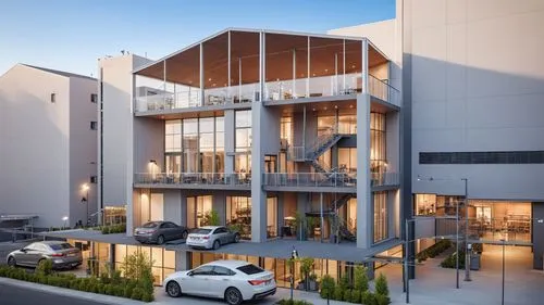 an apartment building with a parking lot is shown at dusk,lofts,new housing development,pakuranga,bundoora,multi storey car park,nundah,Photography,General,Realistic