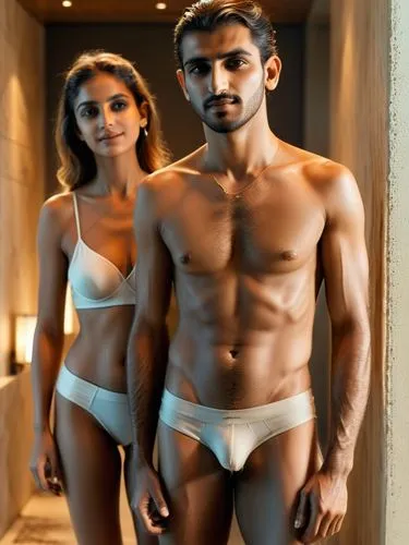 The picture shows a man and a woman in a modern, well-lit interior. ,a man and woman in underwear stand side by side in a bathroom,nanjundaswamy,kushti,ranveer,vaani,wadala,vaanii