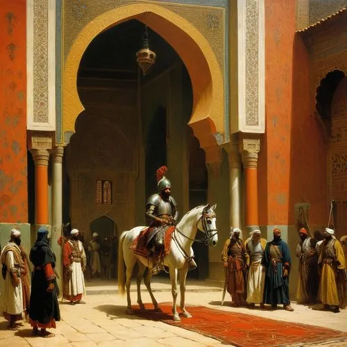 Knights of Morocco Taborida fantasia, painted oil, orientalism school,la kasbah,marrakesh,kasbah,orientalist,caravanserais,samarqand,moorish,sultans,caravanserai,glaoui,caravansary,taroudant,marrakech