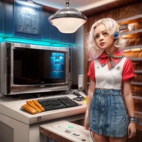 eleven,retro girl,retro diner,girl at the computer,girl in the kitchen,retro woman,digital compositing,kasperle,pixie-bob,cosplay image,80s,wallis day,kraft,streampunk,cyberpunk,retro styled,retro look,microwave,retro women,retro style