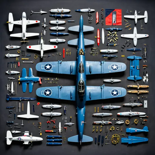 vought f4u corsair,grumman f8f bearcat,model aircraft,north american t-6 texan,toy airplane,north american p-51 mustang,fighter aircraft,model kit,grumman f6f hellcat,republic p-47 thunderbolt,lockheed p-38 lightning,model airplane,aerobatic,douglas a-26 invader,beechcraft model 18,douglas sbd dauntless,grumman f9f panther,corsair,north american t-28 trojan,boeing 247,Unique,Design,Knolling