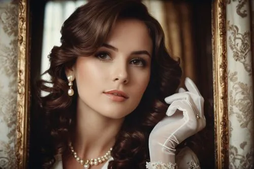 Portrait generator, solo, beautiful detailed eyes, light blush, curly brown hair, elegant makeup, white shirt, pearl necklace, lace gloves, sitting, ornate golden frame, velvet curtains, luxurious vil