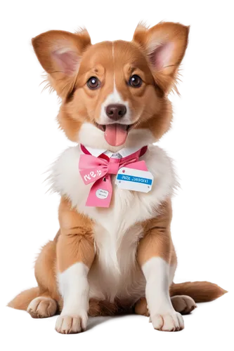 Cute dog, brown fur, floppy ears, big eyes, pink tongue out, sitting pose, front legs bent, paws together, white collar with name tag, shiny coat, soft focus, warm lighting, 3/4 composition, blurred b