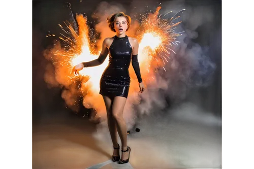 Flash photography, camera flash, bright light burst, smoke explosion, dynamic pose, energetic expression, youthful girl, short hair, bold makeup, revealing outfit, high heels, city nightlife, dark bac