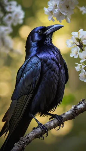 raven, bird, vanilla sky, perched, glossy feathers, sharp beak, intense eyes, wings slightly open, claws gripping branch, vanilla flowers, blooming, soft petals, creamy white color, natural texture, s