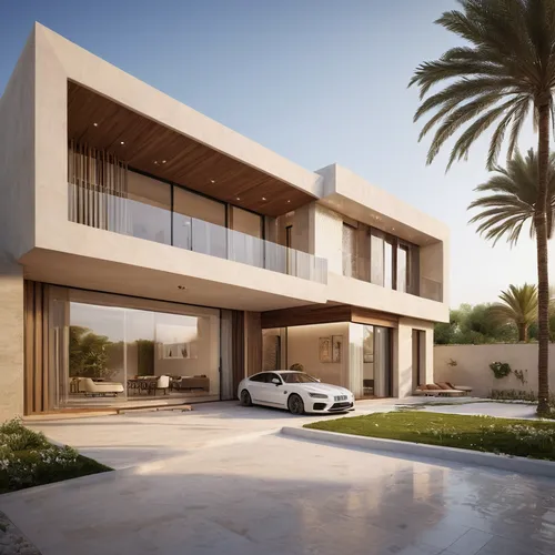 "Design a modern villa in Muscat, Oman, for a site with a 20-meter frontage, featuring a seamless integration with the surrounding urban context. Pay special attention to the relationship between the 