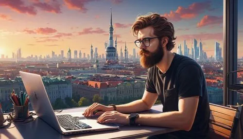 man with a computer,world digital painting,schuitema,schuiten,creative office,computerologist,blur office background,freelancer,remote work,sci fiction illustration,programmer,content writers,kaspersky,inntrepreneur,computer business,photoshop manipulation,web developer,compositing,animator,the community manager,Art,Classical Oil Painting,Classical Oil Painting 31