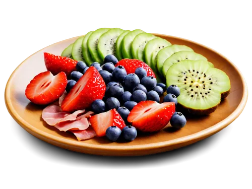 Fresh fruit salad, colorful arrangement, kiwi slices, strawberries, blueberries, grapes, wooden table, morning sunlight, shallow depth of field, warm color tone, 3/4 composition, ceramic plate, golden