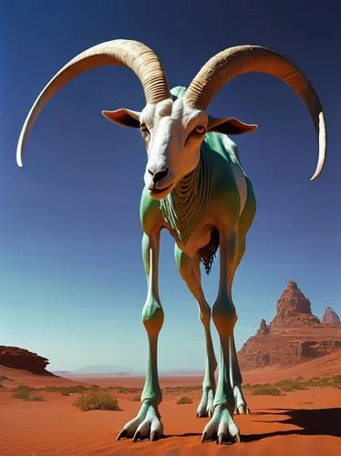 Alien creature, goat-like features, horns, green scaly skin, glowing blue eyes, long white beard, standing on hind legs, Martian landscape, red sandy dunes, distant twin suns, rocky outcrops, futurist