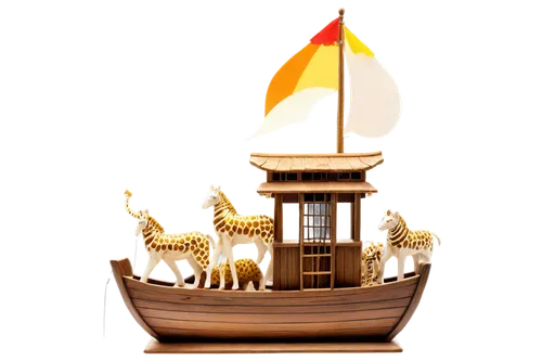 Noah's Ark, wooden structure, biblical theme, majestic size, rectangular shape, flat roof, rope ladder, animal figures (pair of lions, elephants, giraffes, etc.), colorful feathers, fur textures, sunn