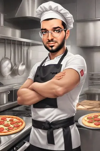 a man wearing glasses and a black apron,pizza supplier,chef,digiorno,mastercook,pizzolo,pizza service,Digital Art,Character Design