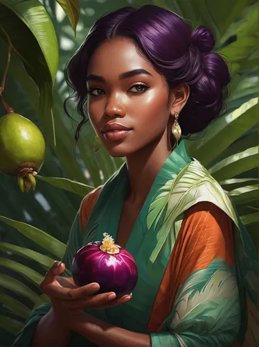 Imagine you are on a tropical island enjoying a juicy mangosteen.,acerola,tiana,mangosteen,starfruit,guava,lychee,digital painting,starfruit plant,fantasy portrait,forest fruit,star apple,sacred fig,e