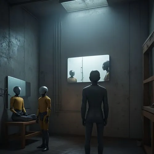 recreate this crash test dummy in the same position, the dummy is looking into a mirror and seeing its reflection,a room with three statues in the middle,confinement,penumbra,prisoners,alchemax,prison