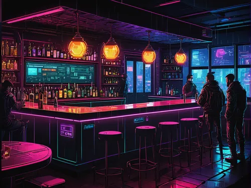 cyberpunk bar, VA-11 Hall-A, controversy theme, pixel art style, neon lights, futuristic cityscape, bartender character, androids, patrons with diverse cybernetic enhancements, animated discussions, d