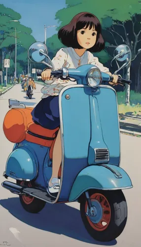 studio ghibli,e-scooter,scooter riding,motor scooter,electric scooter,tricycle,vespa,scooter,moped,scooters,motorized scooter,cartoon car,piaggio,joyrider,mobility scooter,girl with a wheel,blue pushcart,piaggio ciao,two-point-ladybug,shirakami-sanchi,Illustration,Japanese style,Japanese Style 14