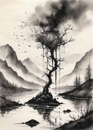 ghost forest,swampy landscape,ink painting,isolated tree,dead wood,ash-maple trees,forest landscape,watercolor tree,dead tree,of trees,deforested,murder of crows,lone tree,tree thoughtless,birch tree illustration,black landscape,the japanese tree,mushroom landscape,barren,halloween bare trees,Illustration,Black and White,Black and White 34